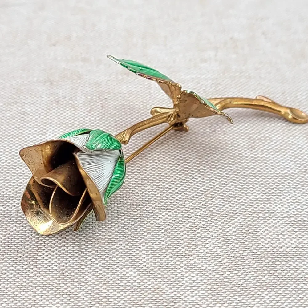 Signed Giovanni Enameled White Rose Bud Long Stem Brooch Pin Gold Tone VTG